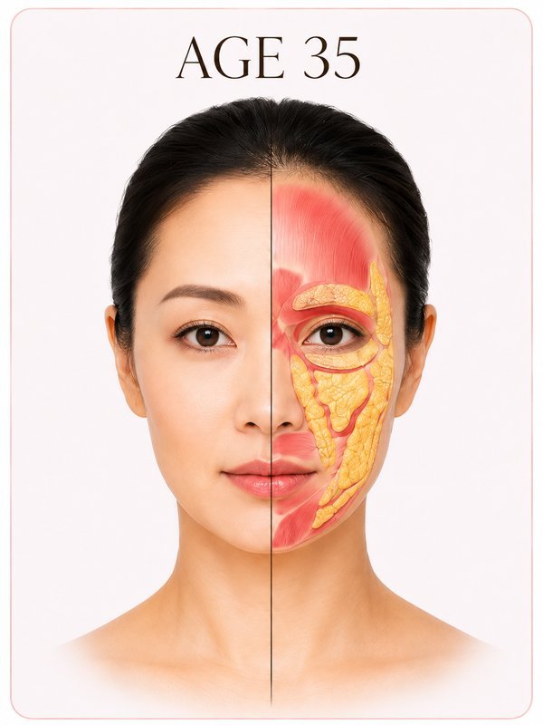 Facial muscle and fat structure at age 35