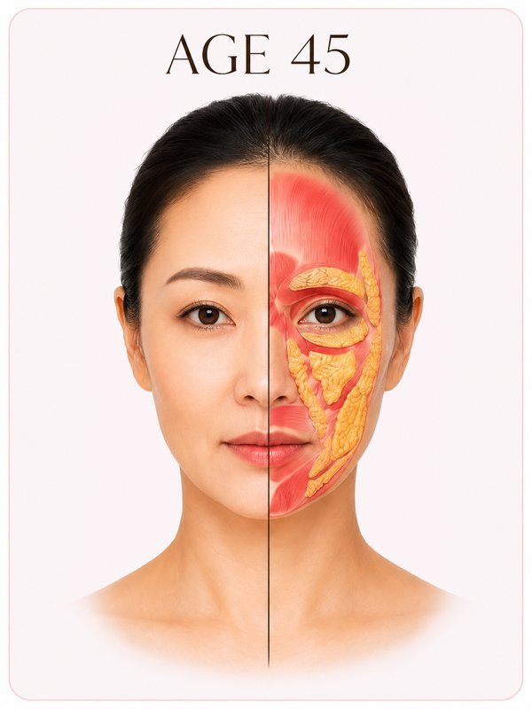 Facial muscle and fat structure at age 45