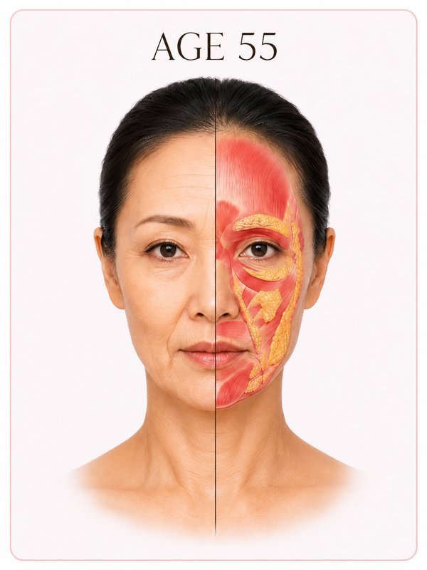 Facial muscle and fat structure at age 55